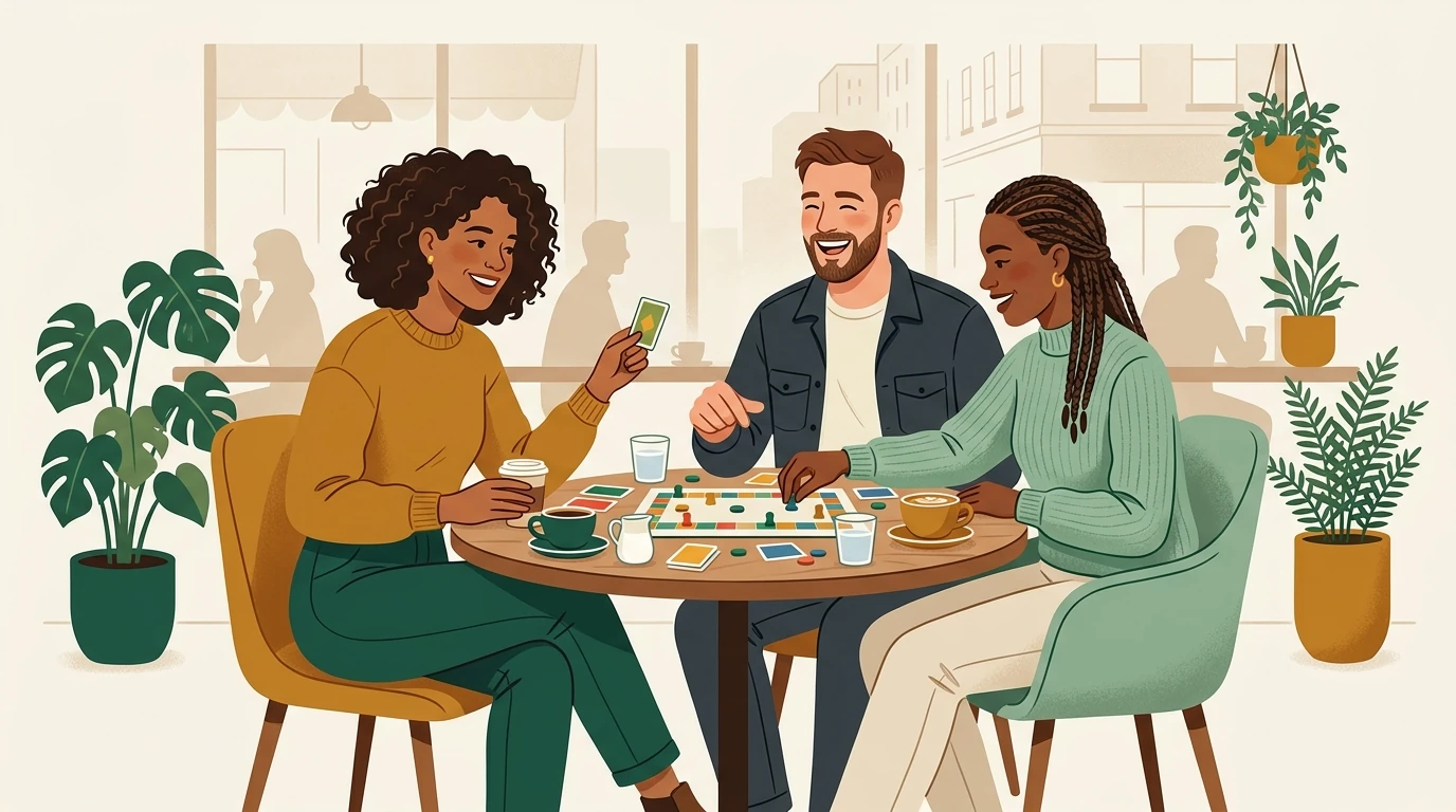 People enjoying coffee and a board game together in a warm city cafe